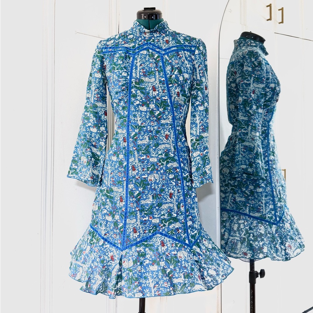 Blue Silk Dress Folkloric Animal High Neck Long Sleeves Anthropologie size S